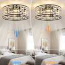 Black Modern Flower Crystal Fandelier with Light and Remote, Rustic Caged Ceiling Fan Flush Mount, Low Profile Ceiling Fans with Lights, 6-Speed Reversible for Bedroom, Girls Room, Living Dining Room