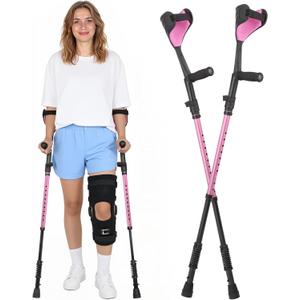 Ergonomic Forearm Crutches Spring Assist Crutches for Adults,Comfortable and Height Adjustable Arm Crutches Forearm with Anti-Slip Base,Walking Crutches with Cuffs (Pink)