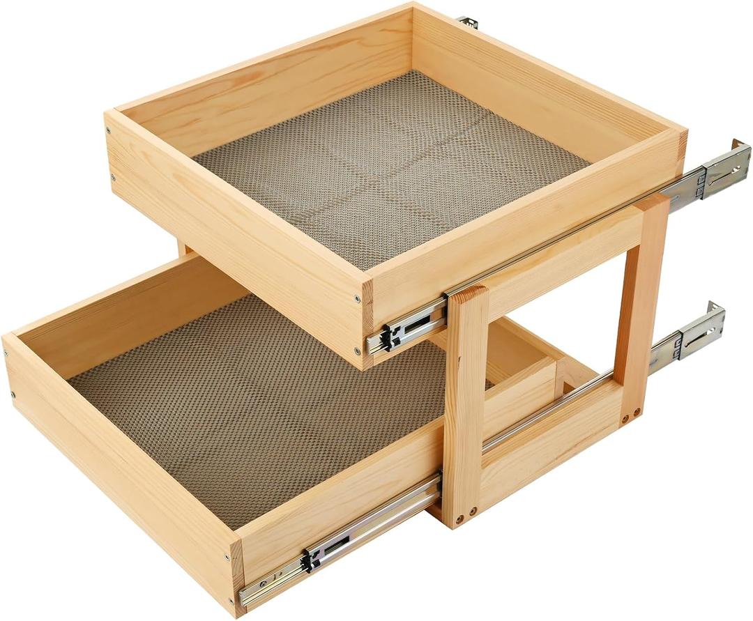 Pull Out Kitchen Drawer Cabinet organizer, 2 Tier 20"W*21"D*16"H -2 Tier,Soft Close Slide Out Wood Shelves Storage for Heavy-Duty, Bottom Assembly (Cabniet Opening W>20.5'',D>21.5'',H>16.5'')