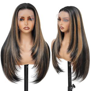 Synthetic Lace Front Wig 13x4 HD Lace Layered Hairstyle Pre Plucked Hairline Straight Long Black Glueless Wigs for Black Women 26 Inch Beginner Friendly (1B/27#)