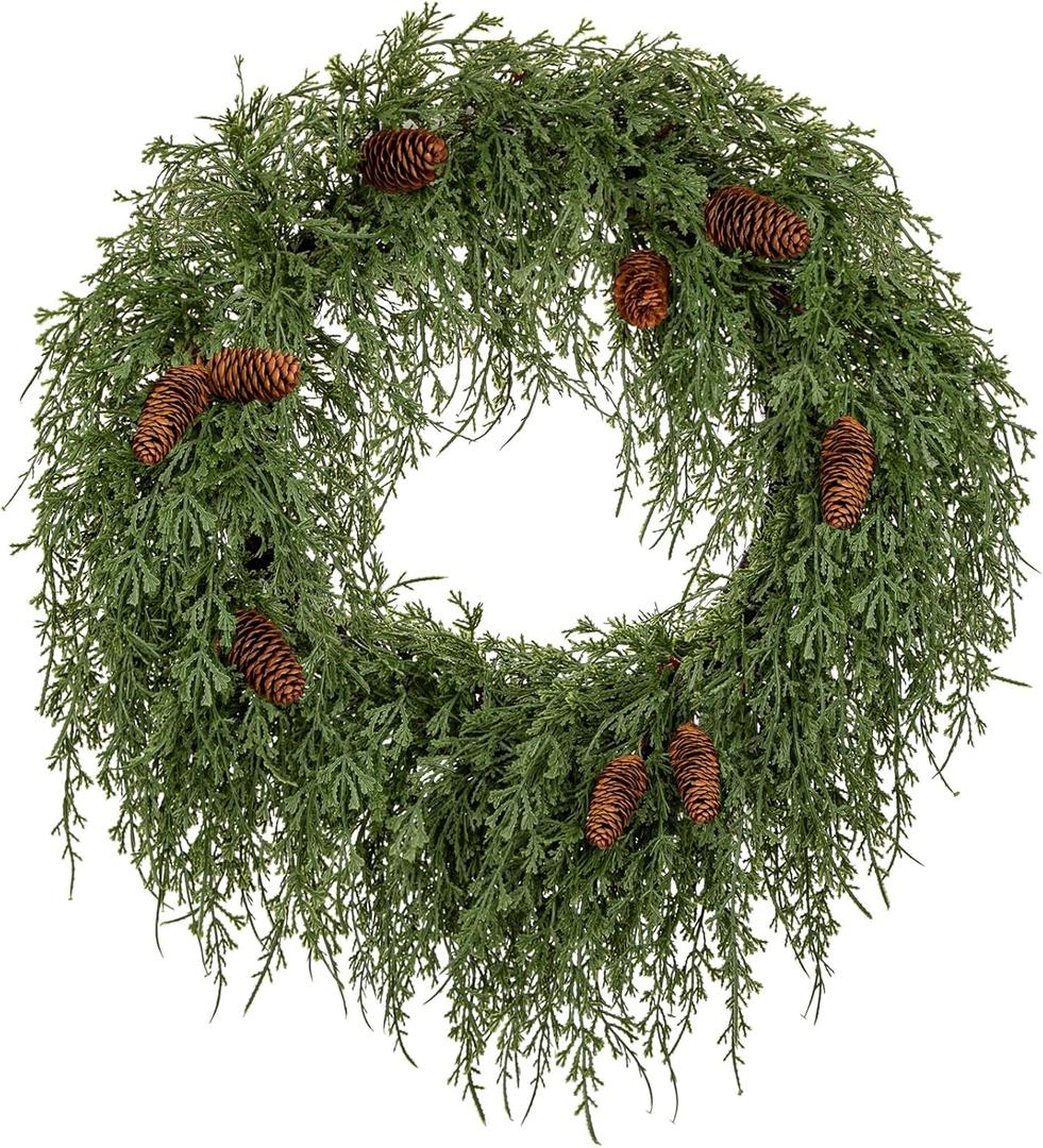 24 inch Christmas Wreath for Front Door, Real Touch Cedar Wreath with Pinecones Large Christmas Door Wreaths Artificial Hanging Pine Wreath for Xmas Indoor Outdoor Windows Holiday Decorations