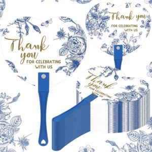 50 Pcs Wedding Hand Plastic Fans Handheld Wedding Favors Fans for Guests Bulk Thank You for Celebrating with Us Greenery Plastic Fan with Handle for Ceremony Bridal Shower(Blue Floral)