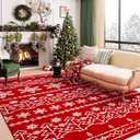 PureCozy Christmas Area Rug 8x10 Red Washable Living Room Carpet Xmas Snowflake Holiday Decor Indoor Bedroom Throw Rug Decorative Non Slip Soft Low Pile Large Carpet Dining Room Office Nursery
