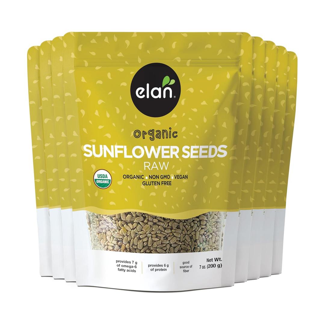 Elan Organic Raw Sunflower Seeds, Unsalted Kernels, Shelled Seeds, No Shell, Non-GMO, Vegan, Gluten-Free, Kosher, All Natural Snacks & Toppings, 8 pack of 7.1 oz, Expiry: 07/26/27
