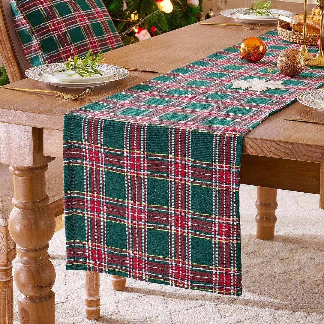 Green Christmas Tartan Plaid Table Runners 108 Inches Long, Christmas Green Buffalo Plaid Dining Table Runner for Home Kitchen, Classic Kitchen Decorations for Winter Holiday (13x108, 1 Pack)