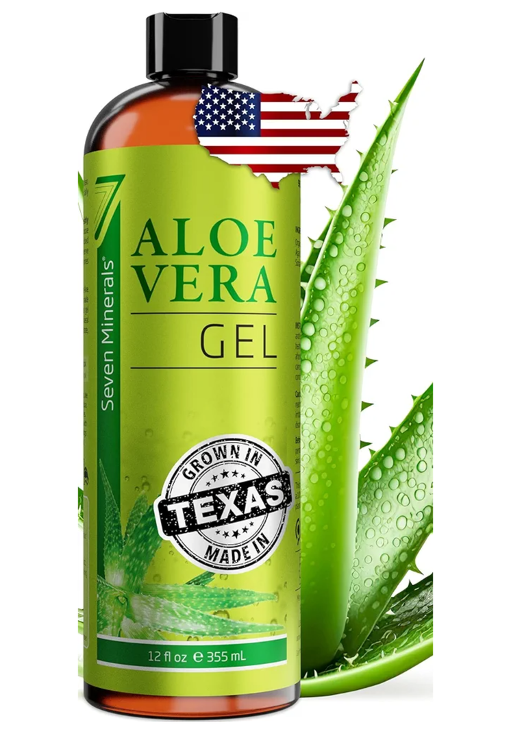 Seven Minerals Organic Aloe Vera Gel from freshly cut 100% Pure Aloe - Big 12oz - HighestQuality, Texas grown, Vegan, Unscented - For Face, Skin, Hair, Sunburn relief