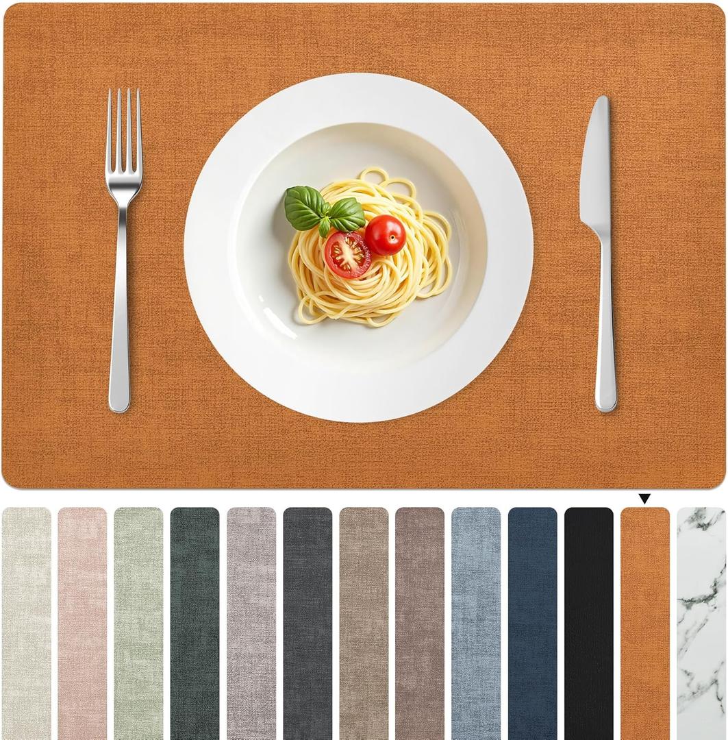 FROMHEART Faux Leather Placemats Set of 12Waterproof,Heat/Oil Stain-Resistant PU Table MatReversible,Non-Slip,Easy to Clean Place Mats for Kitchen,Dining,Indoor/Outdoor,(Orange-Grey,11.8" x 17")