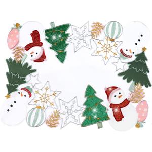 Christmas Placemat Table Runner Snowman Christmas Tree Snowflake Embroidered Snow Rectangle White Green Cut Out Glitter Holiday Xmas Festive Winter 1318IN