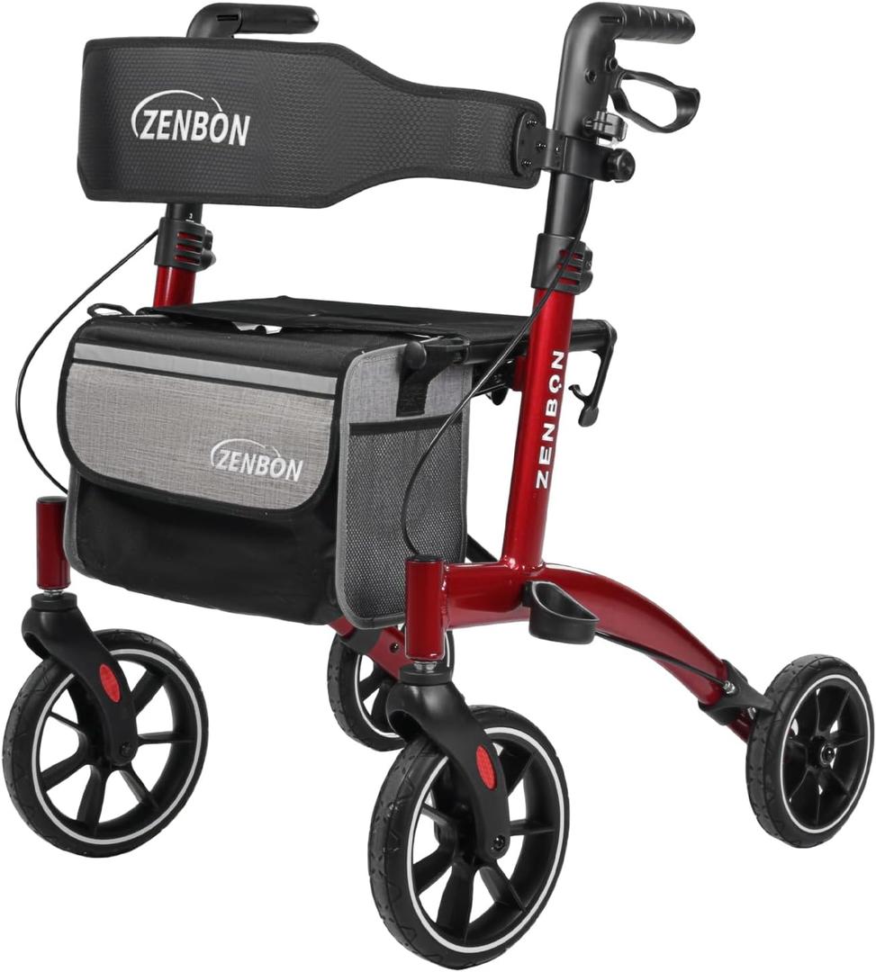 Rollator Walker for Seniors/Adults Foldable Rolling Walker with Seat 330 lbs Capacity 4 Big 8 inch Wheels Hand Grips Adjustable Height Lightweight Aluminum Walker 7205(Red)