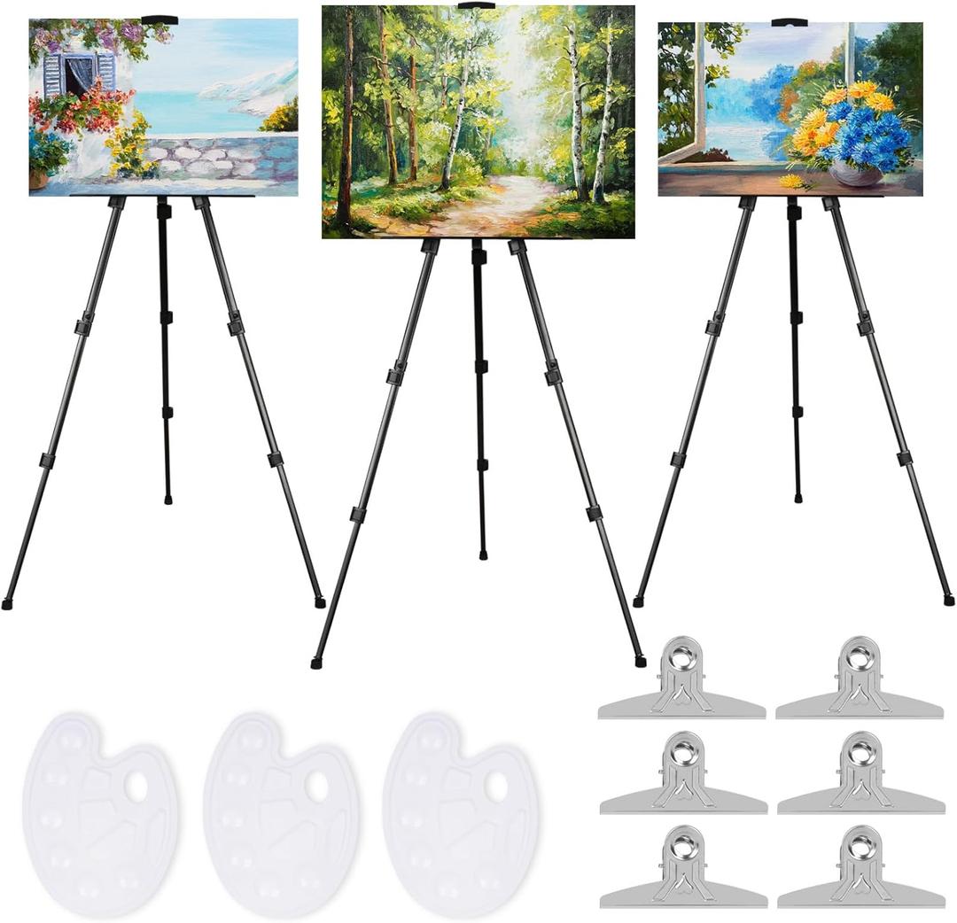 CONLI 3 Pack Art Painting Display Artist Easel Stand,Portable Metal Adjustable Easels for Painting,Max Height 16.53"- 62.99",Carry Bag for Painting,Party Posters,Wedding Signs- Black