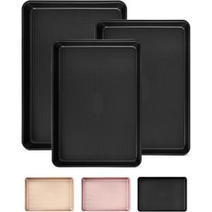 Professional Non-Stick Baking Sheets Set, 3-Piece Heavy Duty Carbon Steel Cookie Sheets with Oven Safe & Even Heating for Baking, Roasting, Cooking (Black)