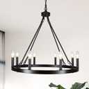 Black Chandelier for Dining Room 8-Light Wagon Wheel Chandeliers 26 Inch Farmhouse Light Fixture Kitchen Island Round Pendant Lights for Living Room Foyer Entryway Outdoor Porch E12