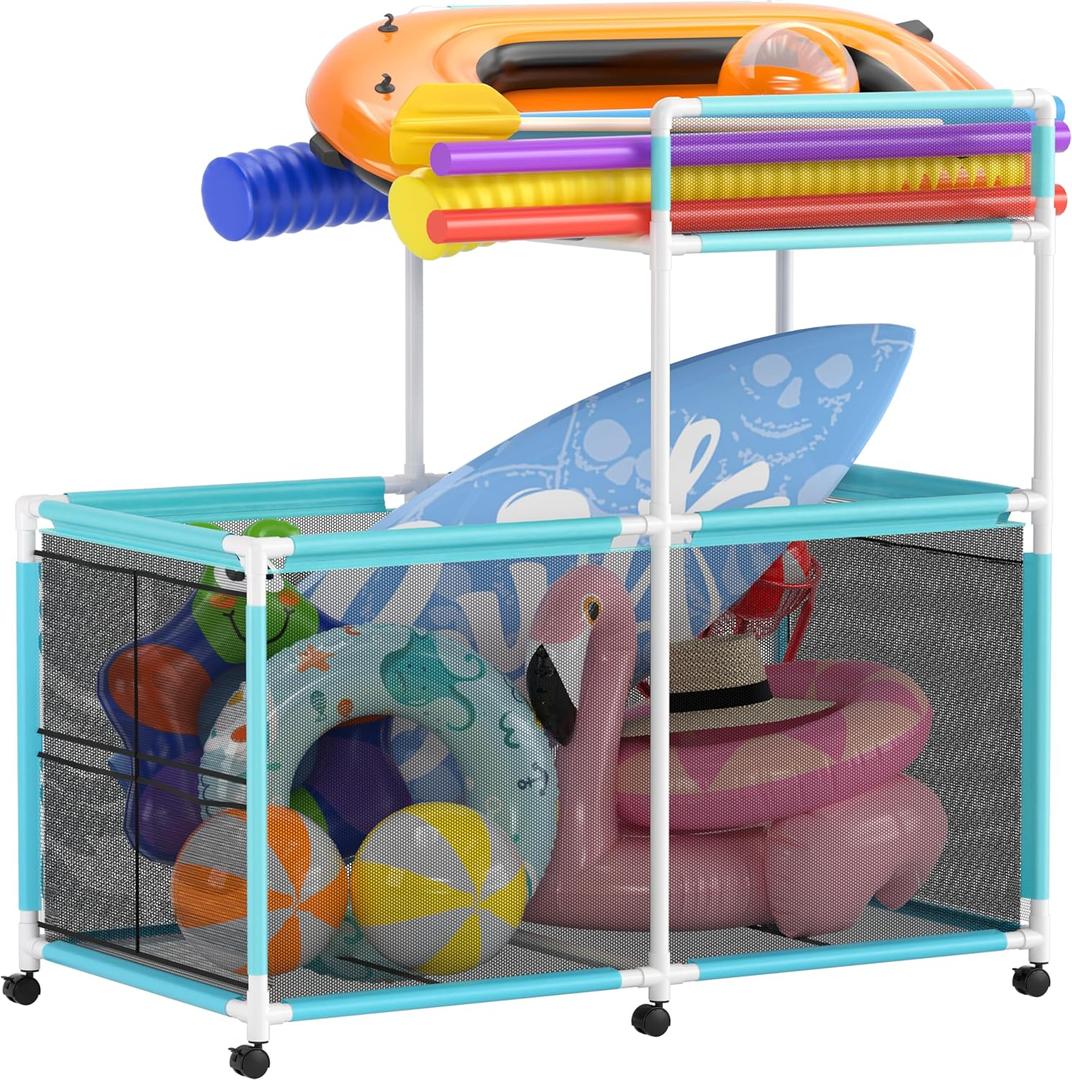 340 Gallon Pool Float Storage, Rolling Pool Storage Bin, Mesh Swimming Pool Toy Storage, Pool Noodle Holder for Toys, Floats, Balls and Floats Equipment (64.96*33.46*64.96 in)