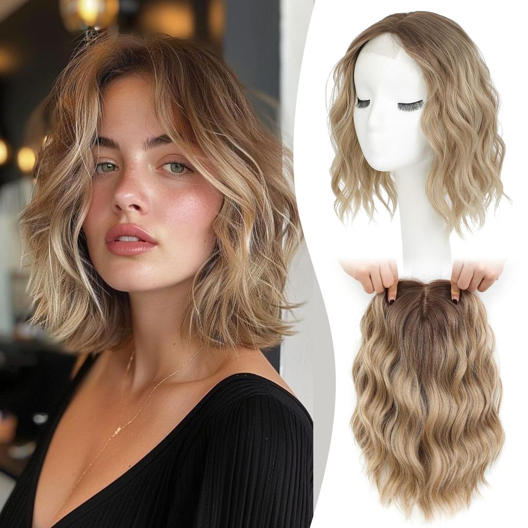 MORICHY Short Wavy 10 Inch Hair Topper for Women, Lightweight & Breathable Wiglet for Thinning Hair with 6.5"x6.5" Base, Instantly Adds Volume and Coverage, 10 Inch, Dirty Blonde with Brown root