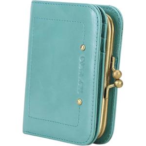 Leather Wallet for Women, RFID Blocking, Compact Bifold, Full Grain Leather, Kiss-Lock Coin Pocket, Vintage Metal Clasp, Daily Use Travel,Blue
