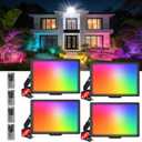 50W LED Flood Light Outdoor with Remote 4 Pack, RGB 5000K Daylight Color Changing Christmas Floodlight, Dimmable Timing IP66 Waterproof Landscape Light, DIY RGBW Uplight for Halloween Stage Party