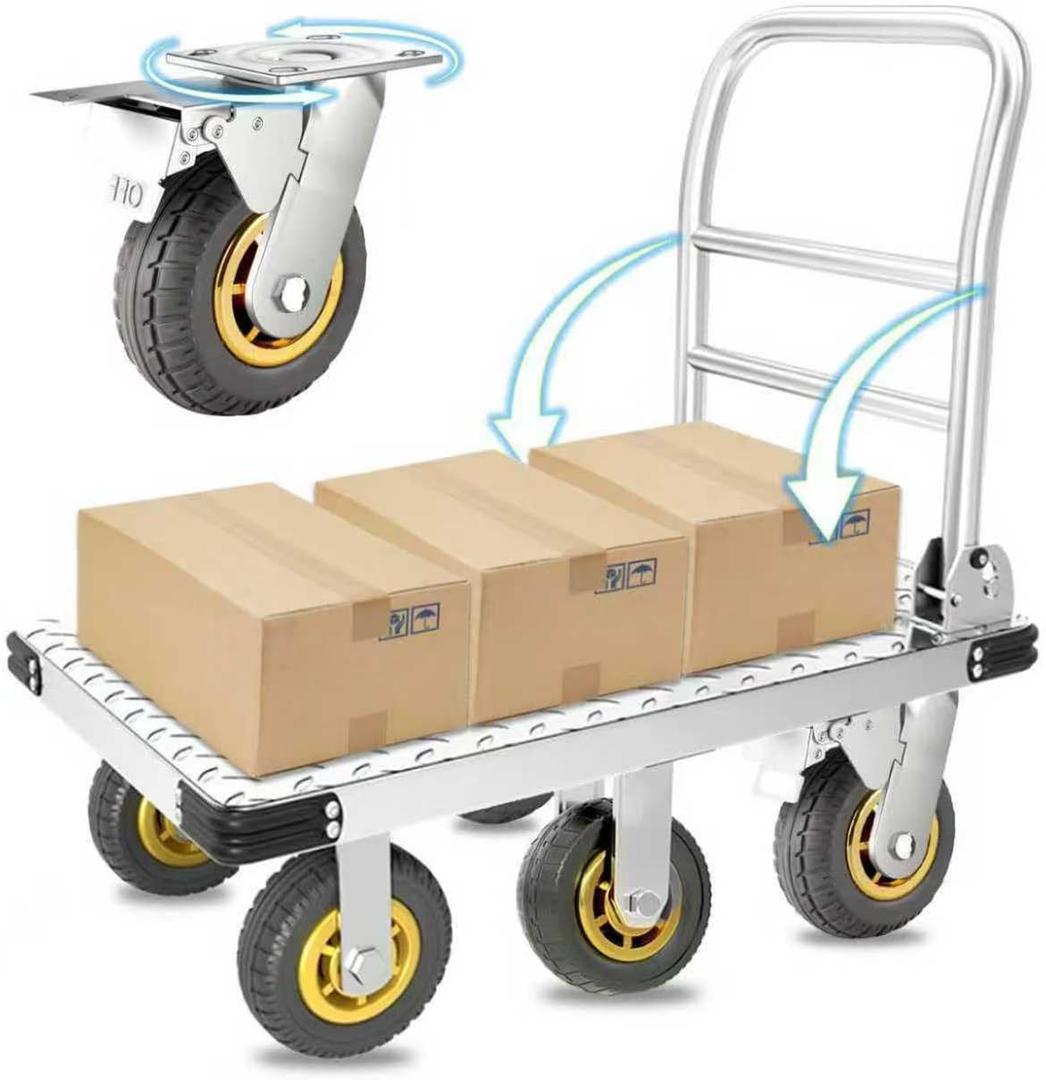 Foldable Push Cart Dolly, Moving Platform Hand Truck, Heavy Duty 2200 lbs. Capacity, with Brake and 6" 360 Degree Swivel Wheels
