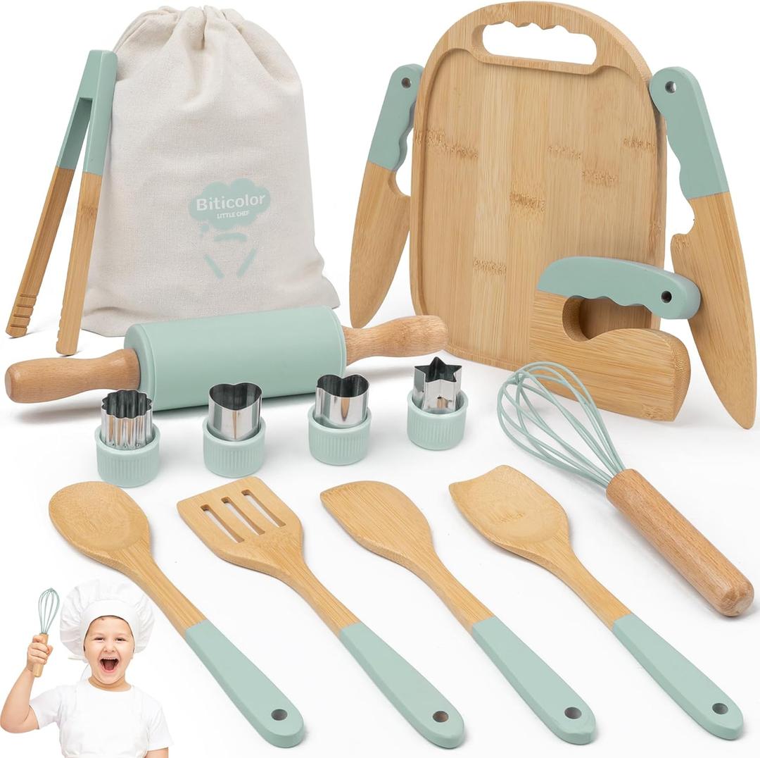 Wooden Kids Cooking Set Montessori Kit - Real Toddler Kitchen Tools & Baking Utensils - 13 PCS Cooking Kit for Kids with Storage Bag, Great Gift for Pretend Play & Montessori Learning (Green)