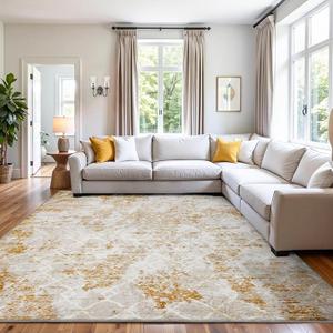 Area Rug 8x10 Machine Washable Rug Vintage Traditional Floor Cover Foldable Thin Retro Indoor Non Slip Carpet Floral Print Mat Bedroom Living Room Dining Room Office,Hidden Pattern Gold