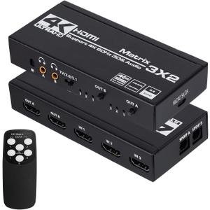 HDMI Matrix 3x2, 4K HDMI Matrix Switch 3 in 2 Out Switcher Splitter Box with EDID Extractor and IR Remote Control, Support Ultra 4K HDR, 4Kx2K@60Hz, 3D/1080PHDMI 2.0b, HDCP 2.2