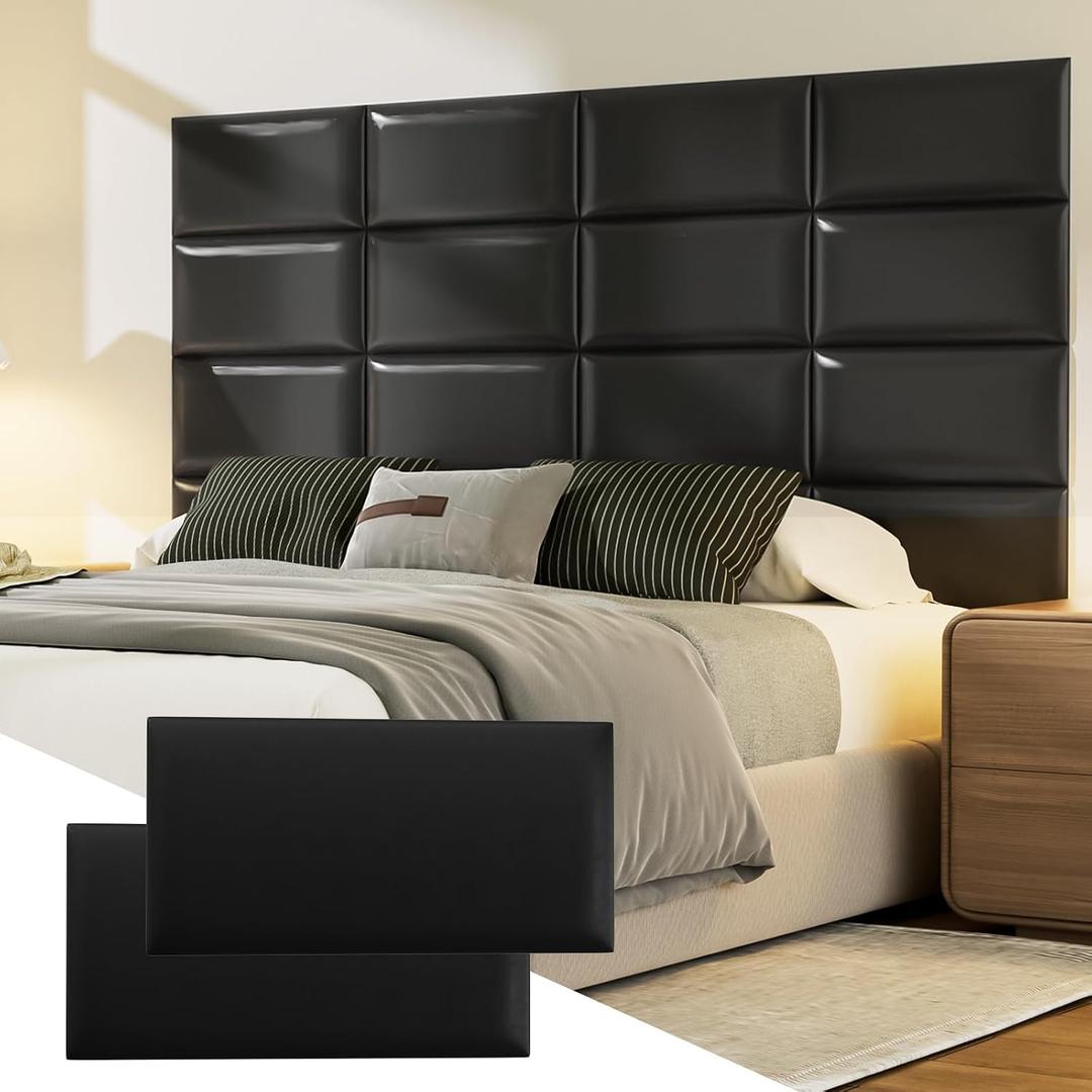 Elvone Peel and Stick Padded Wall Panels for Kids, 3D Anti-Collision Wall Mounted Bed headboard for Full, Black, 6PCS, 6 Pack