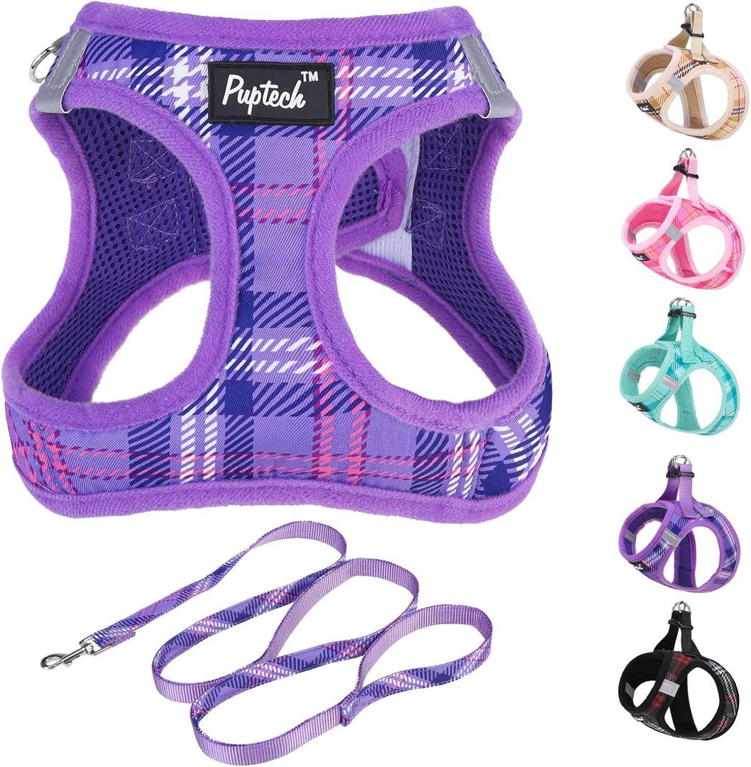 PUPTECK Dog Harness and Leash Set for Small Medium Dogs No Pull Step-in Soft Mesh Puppy Cat Vest Harnesses Reflective at Night, Plaid Pattern Purple S (S(CHEST 14.5"-16", 6.6-14 lbs))