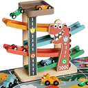 Paisure Wooden Car Ramp Toy for Toddlers 1-3, Montessori Toy with 6 Cars (Dinosaur & Racing), 4-Level Car Ramp Race Track, Toddler Toy & 1 Year Old Birthday Gift