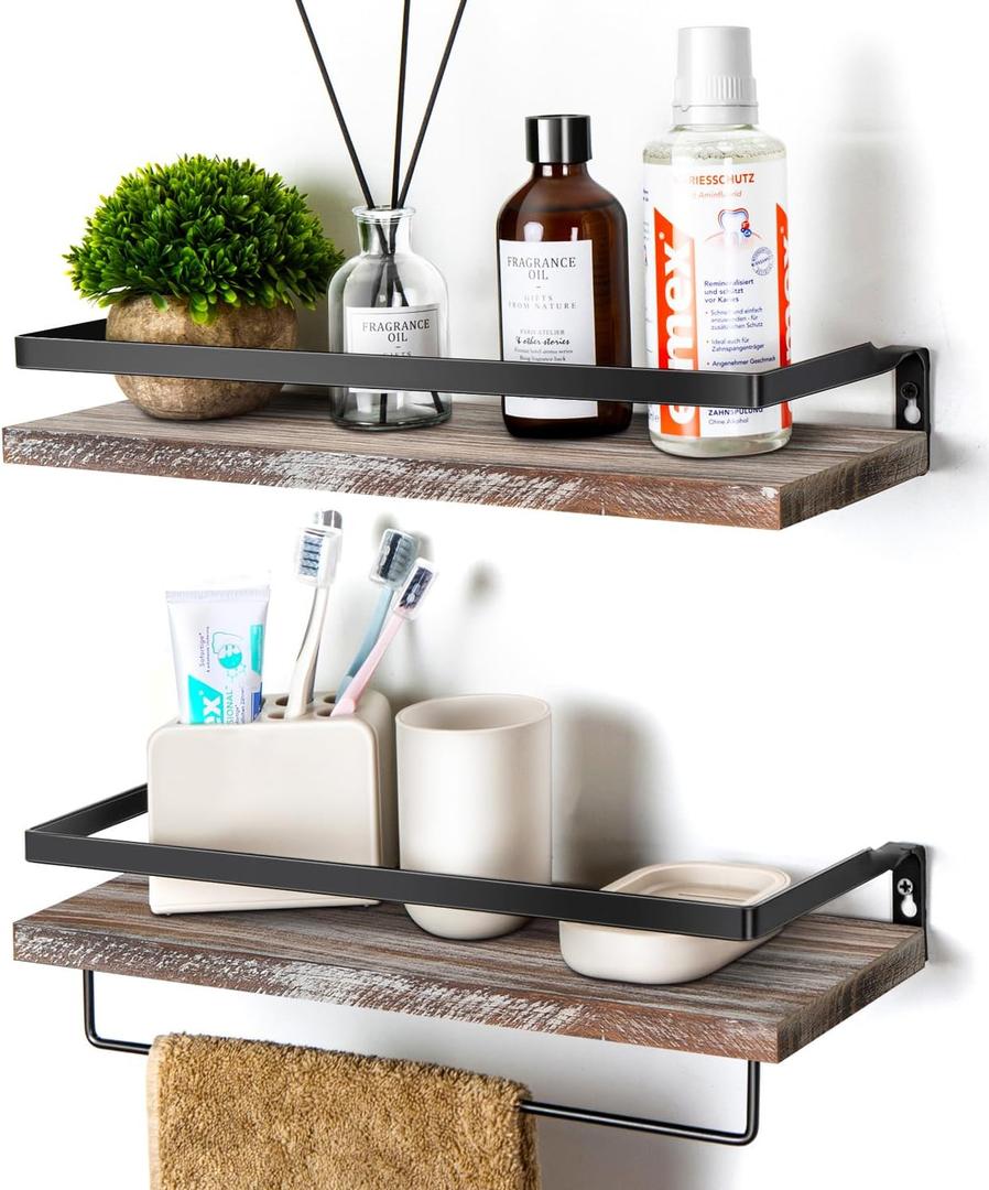 Floating Shelves for Wall, Bathroom Shelves with Towel Bar, Wall Mounted Storage Shelves for Kitchen, Bathroom, Set of 2 White Washed