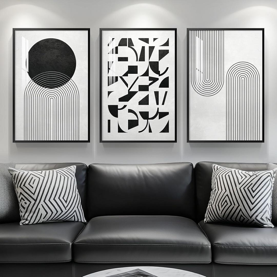 Framed Black and White Boho Abstract Wall Art for Living Room, Large 3 Piece Geometric Artwork, Modern Minimalist Bright painting prints for Dining Room Bedroom Hallway Office Wall Decor, 16x24 Inch