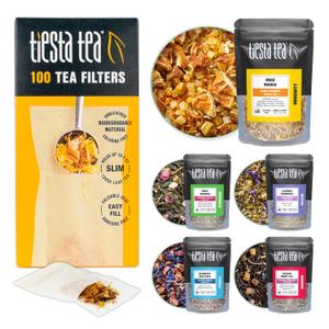 Tiesta Tea Premium Starter Loose Leaf Sampler Kit - Classic Tea Blends, High to Non Caffeinated, Hot & Iced Brews, Starter Set with Black, Green, Herbal Sample Bags and 100 Disposable Tea Filters