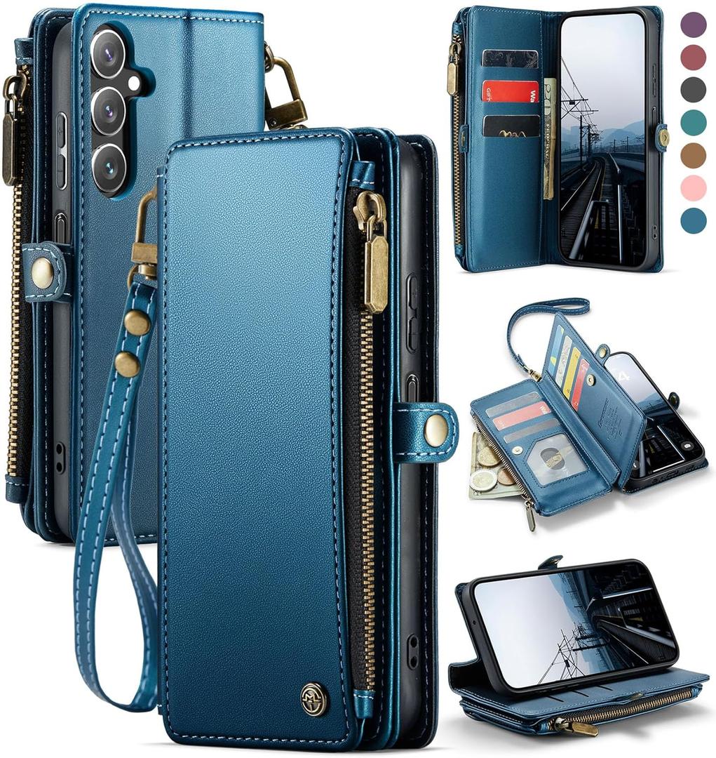 Defencase Compatible with Galaxy A16 5G Case Wallet with RFID Blocking Card Holder for Women and Men, PU Leather Magnetic Snap Flip Zipper Strap Wallet Phone Case for Samsung Galaxy A16/ 5G, Dark Blue