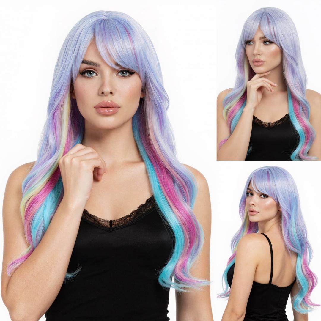 R REEWES FASHION HAIR Rainbow Wigs for Women Long Curly Wavy Multi Color Wig for Girls With Bangs Heat Resistant Synthetic Wigs for Cosplay Costume Party