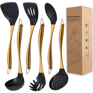 Kitchen Utensils Set, Large Non-stick Silicone Cooking Utensils Set 6 Pcs,Made of 446F Heat Resistant Food Grade Silicone and Stainless Steel Handles,Easy to Clean Kitchen Gadgets Set (Gold)
