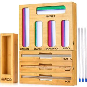 TYZOD 9in1 Bamboo Storage Bag Organizer with Cutter, Kitchen Drawer & Wall Mount Storage for Foil, Plastic Wrap, Gallon, Quart, Sandwich, Snack & Freezer Bags, Fits Rolls ≤12” Long, ≤2” Diameter