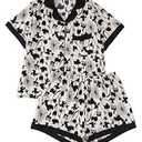 WDIRARA Women's Plus Size Floral 2 Piece Pajama Sets Short Sleeve Button Down Shorts Pjs Sleepwear Beige 3X-Large Plus