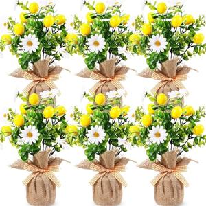 Zeyune 6 Pack Small Lemon Tables Centerpieces Decoration, Summer Fake Artificial Potted Plastic Flower Plants Rustic Faux Plant in Burlap Vase for Summer Party Decor Home Office Kitchen Indoor Outdoor