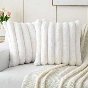 FUTEI Cream White Decorative Throw Pillow Covers 18x18 Inch Set of 2, Square Soft Faux Rabbit Fur Big Striped Cushion Cover,Home Decor for Couch Sofa Bed Living Room