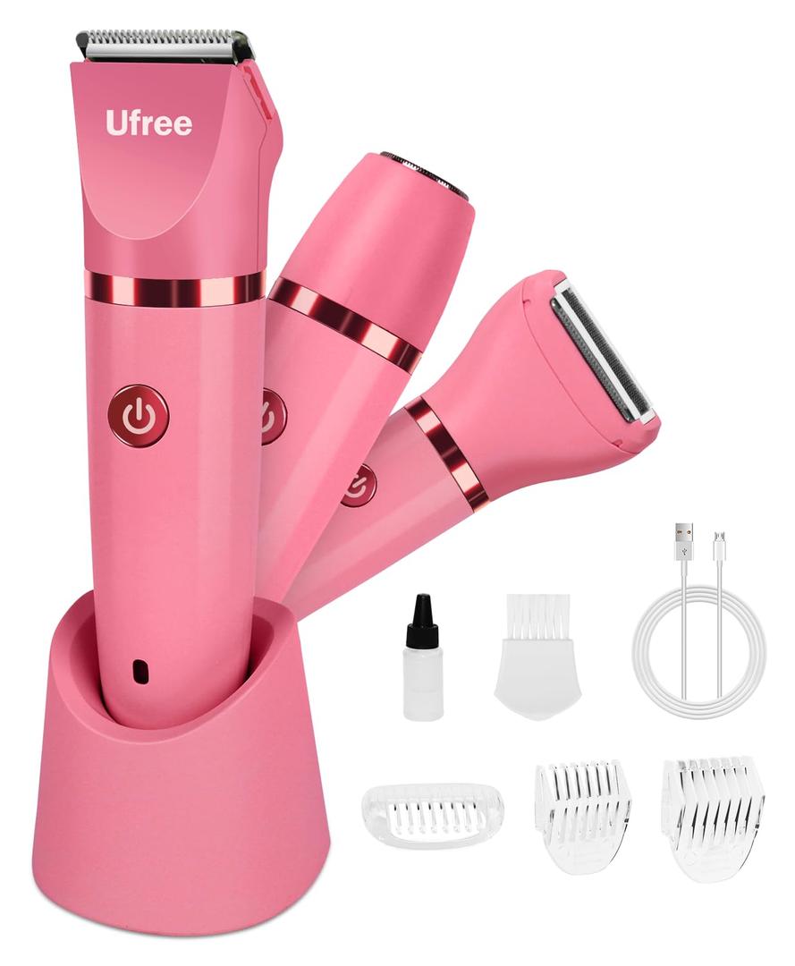 Ufree Bikini Trimmer Electric Razors for Women, Rechargeable Pubic Hair Trimmer Electric Shaver for Legs Body Hair, Bikini Shaver IPX7 Waterproof, Rose Red