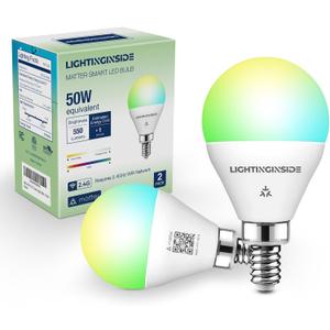Lightinginside Matter E12 Smart Light Bulbs 50W Equivalent 5W 550LM, Compatible with Alexa/Siri/Apple Home/Google Home/SmartThings, G16.5 RGBCW Candelabra Ceiling Fan Bulb, 2.4G WiFi, ETL Listed, 2PCS