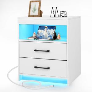 Night Stand with Charging Station and Ambient Light, LED Nightstand with USB-C Ports and Outlets, Modern Bedside Table with 2 Drawers and Open Compartment, End Table for Bedroom, White