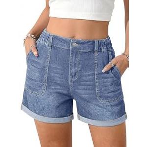 PINKMSTYLE Womens Jean Shorts for Women Denim High Waisted Elastic Waist Stretchy Summer Mom Short Light Blue Medium