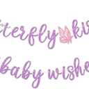 Butterfly Kisses and Baby Wishes Banner, Butterfly Themed Baby Shower Decorations for Girl, Pre-assembled (Purple)