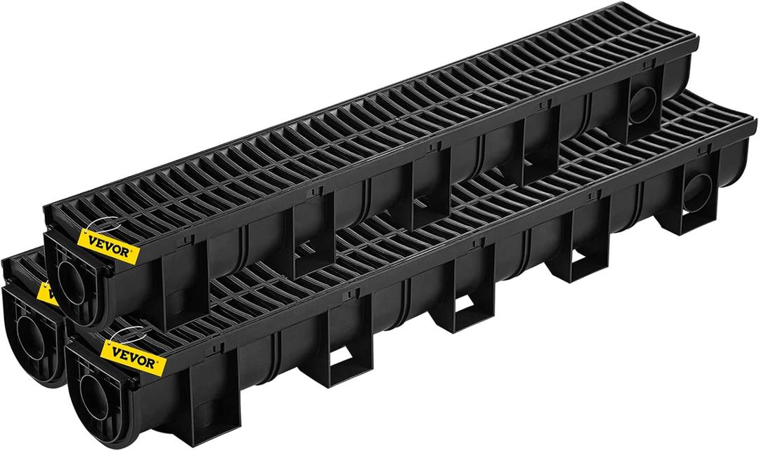 VEVOR Trench Drain System, Channel Drain with Plastic Grate, 5.9x5.1-Inch HDPE Drainage Trench, Black Plastic Garage Floor Drain, 3x39 Trench Drain Grate, with 3 End Caps, for Garden, Driveway-3 Pack