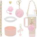 7Pcs Accessories Set for Stanley Cup 40 Oz 30 Oz, Water Bottle Handle Strap, Siliocne Cup Boot, Flower Straw Cover, Charms for Stanley - Light Pink
