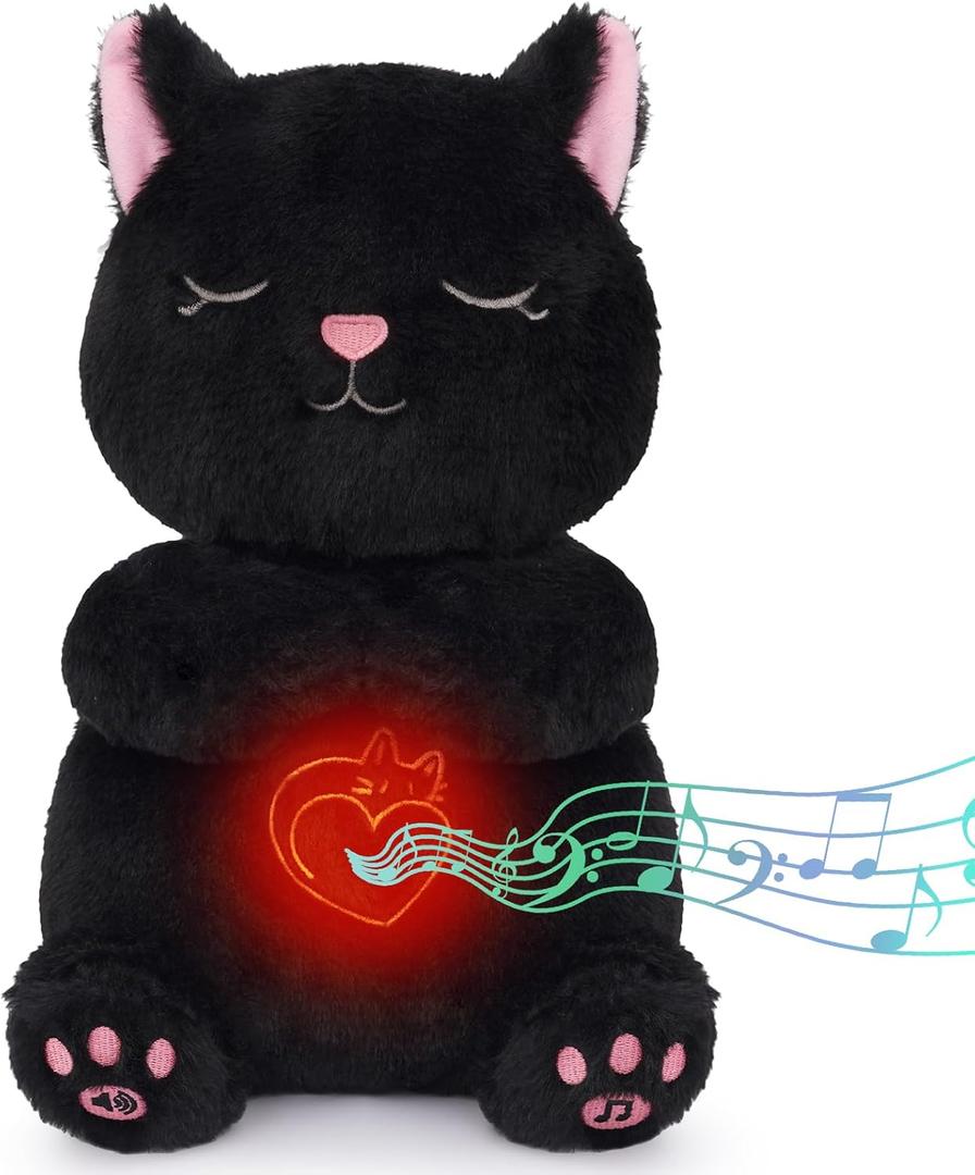 Prewplam Breathing Stuffed Animal - Black Cat Plush Baby Toy, Soothing Sound Machine with Realistic Breathing Motion and Lights, Sleeping Plushies Gifts for Anxiety Adults and Kids