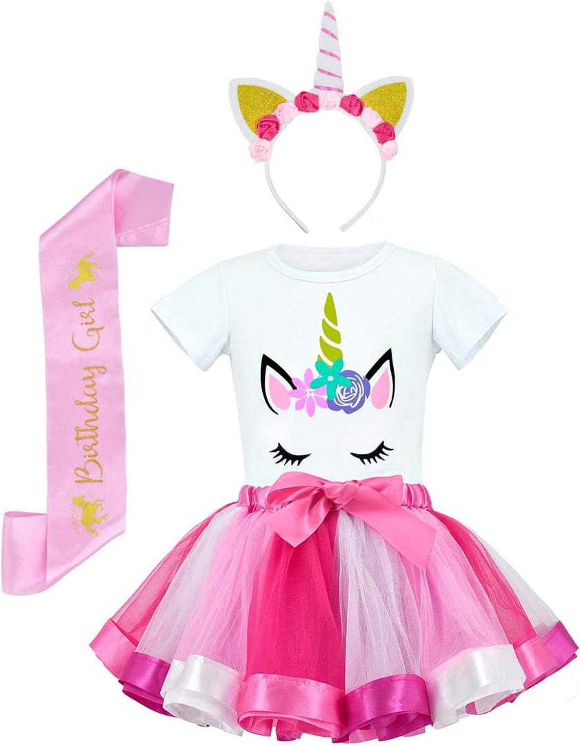 JiaDuo Girls Costume Rainbow Tutu Skirt with White Shirt, Headband & Satin Sash Rose Medium/ 2-4T