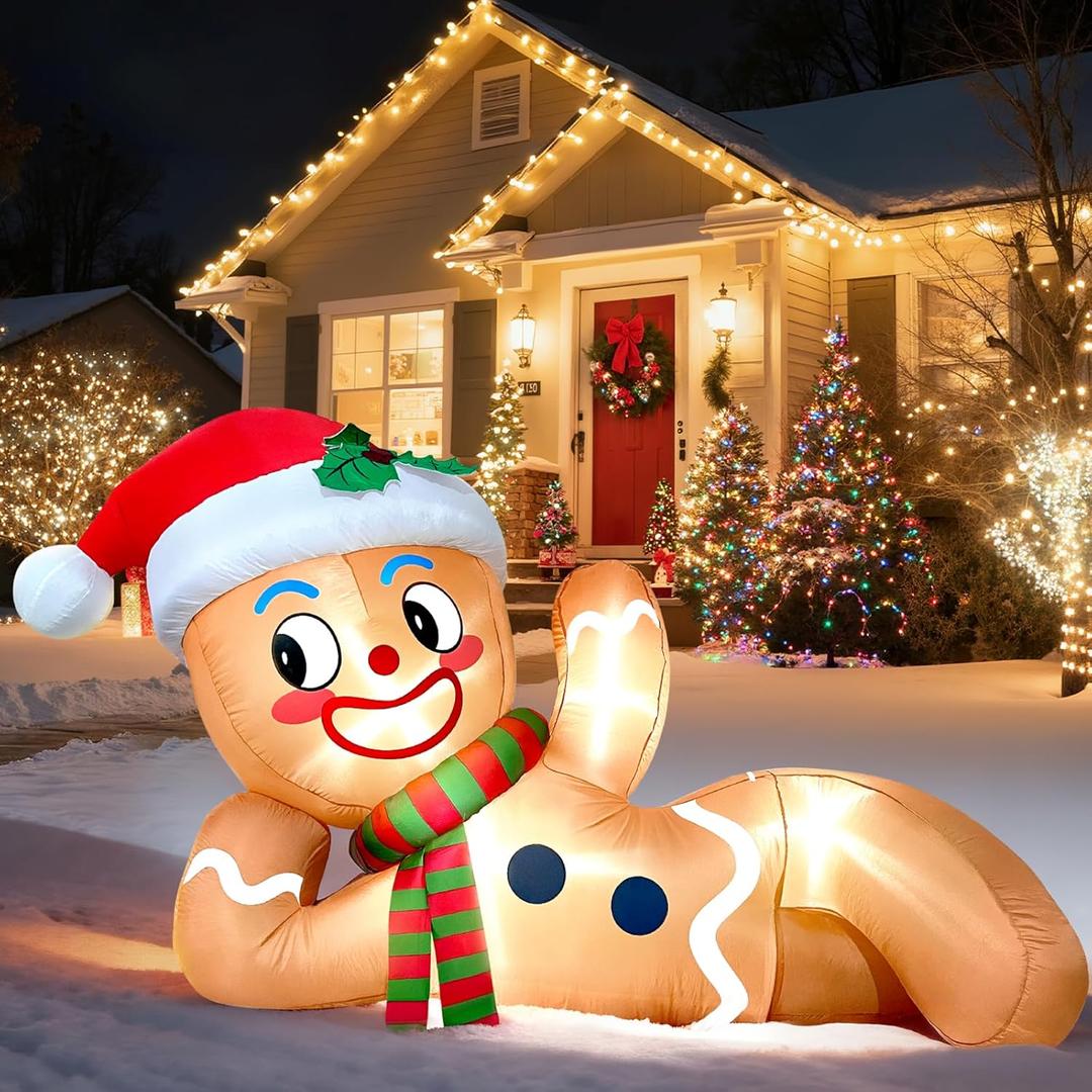 Christmas Inflatables Decorations,Partyotu 10FT Christmas Inflatable Gingerbread Man, Lying Gingerbread Inflatable Christmas Blow up Yard Decor with LED Lights, for Garden, Lawn, Indoor Holiday