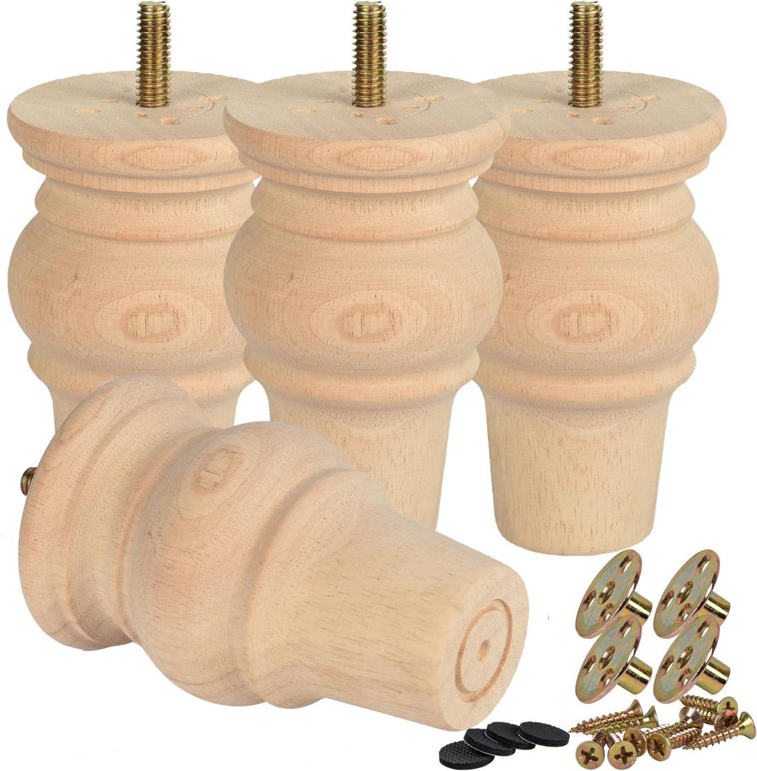 4 Inch Wooden Furniture Legs,Tchosuz Solid Unfinished Bun Feet with 5/16 inch Bolt,Modern Mid-Century Carved Sofa Couch Feet Furniture Replacement Legs for DIY Cabinet Cupboard Chair Ottoman,Set of 4 (4''/10cm, Unfinished)