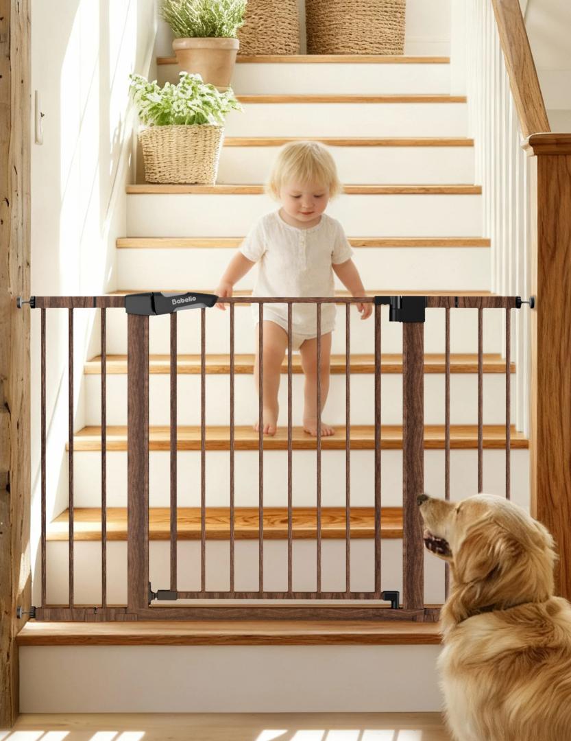 Babelio Baby Gate for Doorways and Stairs, 29-48" Auto Close Dog Gate PressGuard P7, Easy-Install Pressure Mounted Satey Door, No Drilling Safety Gate for Child and Pets, 2 Pack, Brown