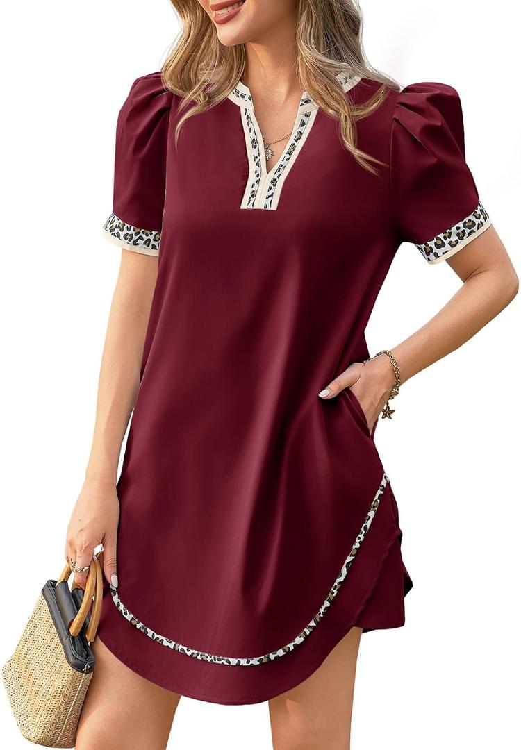 Wenrine Womens Puff Short Sleeve Mini Dress Casual V Neck Color Block Leopard Loose Beach Summer Dresses with Pockets (L)